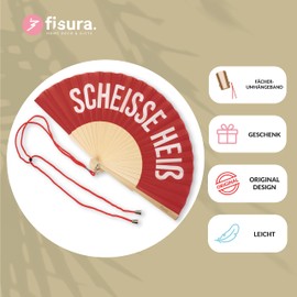 Fisura Original hand fan with the message "Sch*isse Hot". Modern and funny wooden fan. Red and white fan. Fan with fan holder. Dimensions: 42.5 x 23 cm.