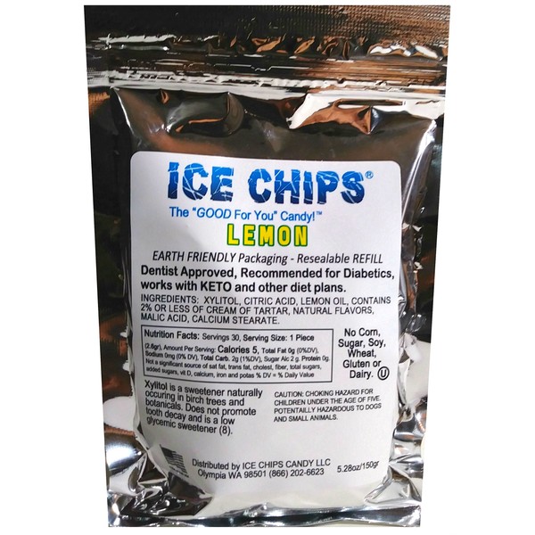 ICE CHIPS Xylitol Candy in Large 5.28 oz Resealable Pouch; Low Carb & Gluten Free (Lemon)