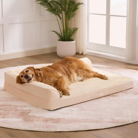 Aeroluxe Dog Bed Large Sized Dogs, XL Orthopedic Dog Bed for Large Dogs, Waterproof Pet Bed with Washable Removable Cover, L-Shaped Pet Couch with Portable Handle 42"x30"x7.5", Beige