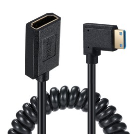 Qaoquda Mini HDMI to HDMI Coiled Cable, 90 Degree Angle High Speed Mini HDMI Male to HDMI 2.1 Female Spiral Adapter Cord 8K 60hz 4K 120Hz for Camcorder, HD TV, PC and More (mini HDMI Left Angle)