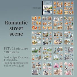 Scrapbooking Accessories Stickers, Bullet Journal Sticker PET Scrapbook Sticker Set, Flowers and Landscape Building Sticker Decoration for Photo Album, Calendar, Journaling, Painting (Romantic Street