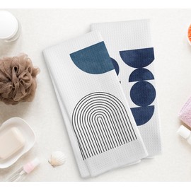 NOQL Boho Navy Blue Line Kitchen Towels and Dishcloths Set of 2, Boho Dish Towels, Bohemian Decorative Boho Blue Hand Towels for Bathroom Kitchen, 16×24 Inches