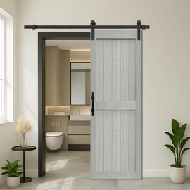 S&Z TOPHAND® 24in x 84in MDF Light Gray Barn Door with 4FT Sliding Door Hardware Kit, 24-60in Solid Barn Door Slab Covered with Water-Proof PVC Surface, Simple Assembly is Required