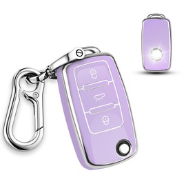 FT FUNTOR for VW Car Key Cover with Keychain Soft TPU Protector 3 Buttons Compatible with Volkswagen Jetta Beetle Santana Scirocco Eos Tiguan Passat Polo MK5 MK6 Passat Golf 4/5/6 GTI (Purple)