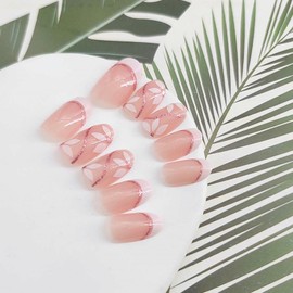 Oval Press on Nails Short Fake Nails White French Tip Nails Press ons Glossy Glue on Nails Cute False Nails with Glitter Swirl White Flower Designs Nude Stick on Nails for Women 24 Pcs