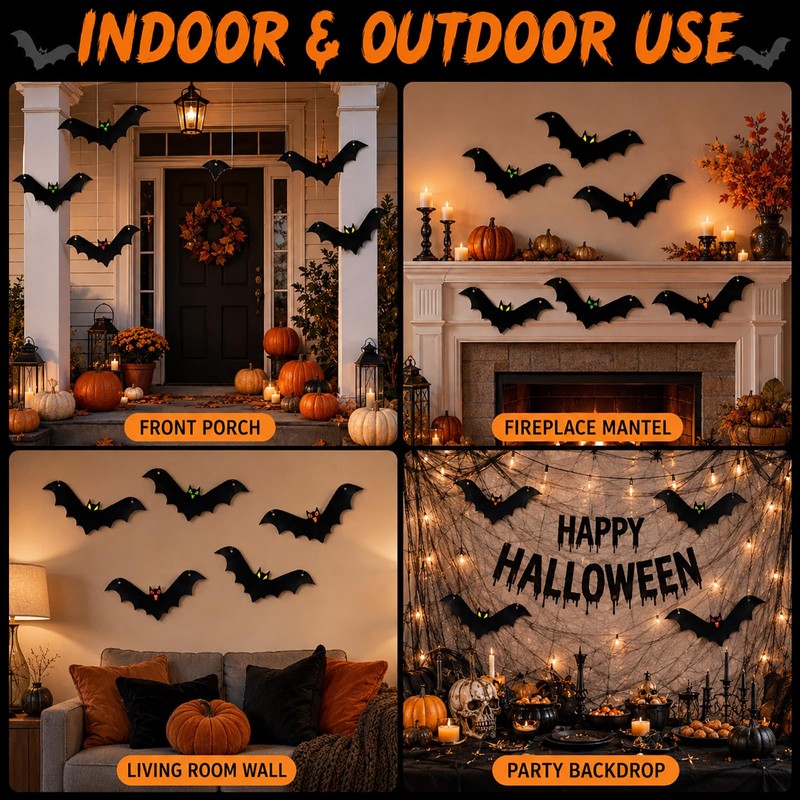 QEKIUII 12 Pack Hanging Halloween Bat Decorations, Plastic Bat Cutouts