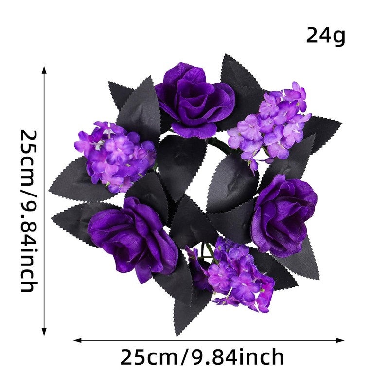 Gothic Halloween Candle Ring Wreath with Purple Roses, Black Leaves,