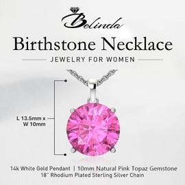 Belinda Jewelz - Round Birthstone Necklace, Gemstone Pendant Necklace with Prong Setting, 14K White Gold Necklace for Women with 18” Rhodium-Plated Sterling Silver Chain, Pink Topaz