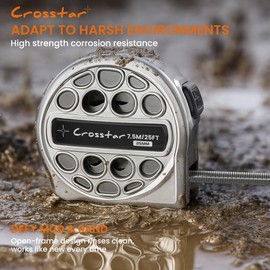 Crosstar 25FT Self-Locking Tape Measure - Stainless Steel, Fractional/Metric Double-Sided Scale, Hollow Design & Rustproof with Belt Clip for Construction, Woodworking