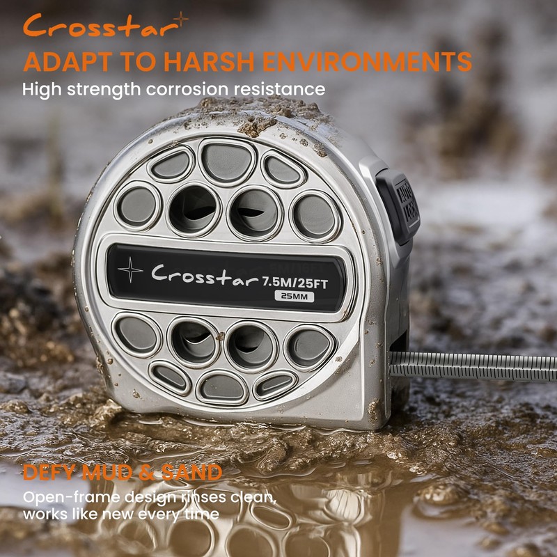 Crosstar 25FT Self-Locking Tape Measure - Stainless Steel, Fractional/Metric Double-Sided