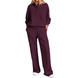 PRETTYGARDEN Women Fall 2 Piece Outfits Sweatsuits Quarter Button Long Sleeve Sweatshirt Wide Leg Pants Tracksuit Lounge Sets(Dark Wine Red,Medium)