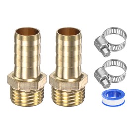 M METERXITY 2-Pack Brass Hose Barb Fittings, 10mm x G1/4 Male Couple Hose Connector with Stainless Steel Hose Clamp & PTFE Tape, Barbed Air Hose Repair Fitting Adapter Kit