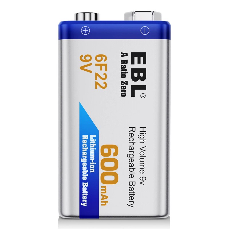 EBL 2Pcs EBL 9V 600mAh 6F22 Li-ion Rechargeable Batteries 9Volt