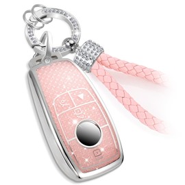 Coverforkey for Mercedes Key Fob Cover with Fashion Braided Keychain, Enchanting Diamond Patterns Soft Case for A C E G S Class CLA/K/S E43 GLA/B/C/E/K/S GT SLC/K/S (Pink, B)