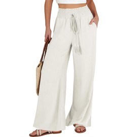 ANRABESS Women's Linen Palazzo Pants Summer Casual Vacation High Waist Wide Leg Trousers Trendy Lounge Pant with Pockets X-Large Beige