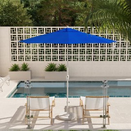 California Umbrella 9' Rd Aluminum Patio Umbrella, Crank Lift, Auto Tilt, White Finish, Royal Blue