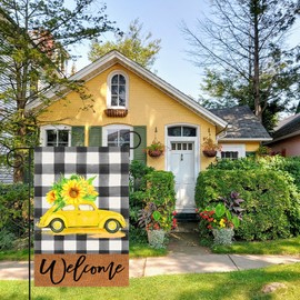 Guaikeai Summer Garden Flag Welcome Sunflower 12x18 Inch Double Sided Yellow Vintage Car Buffalo Plaid Outside Fall Decor for Yard Farmhouse