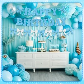 Trandraft 3 Pcs Blue Bow Happy Birthday Banner Garland Party Decorations Pre Strung Glitter Banner for Coquette Birthday Decorations Bow Themed Baby Shower Bridal Shower Party Decor