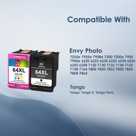 64XL Ink Cartridge Black and Color Combo Pack Replacement for HP Ink 64 64XL 64 XL Ink for Envy Photo 7855 7858 6252 6255 7800 7100 7155 7158 Tango Tango X Tango Terra (Black, Color)