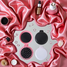 2Pcs Black and Pink Folding Travel Hair Brush with Mirror, Round Portable Folding Pocket Hair Brush Mini Hair Massage Compact Mirror with Comb Travel Size for Men Women Styling Tools and Appliances