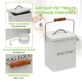 Brabtod Metal Dog Food Storage Container Dog Treats Container Pet Food Storage Tin Dog Food Treats Canister with Airtight Lid/Wooden handle/Scoop- Hold 5~6 Lbs dog cookie biscuit kibble-White