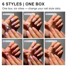 Uñas postizas, 6 paquetes (144 piezas) Set de uñas cortas almendradas estilo francés, diseño floral 3D