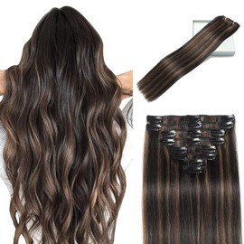 LORIEN Clip in Hair Extensions Real Human Hair, 20 Inch 105g, 1B/6 Natural Black to Chestnut Brown, Clip in 100% Brazilian Remy Human Hair Extensions 8pcs Per Set with 18 Clips Double Weft