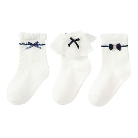 QinTian Socks, Girls, Children's Socks, White, Cute, Ribbon, Princess, Students, School Commutes, Set of 3 Pairs, 2037D