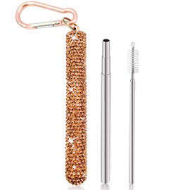 1 Pack Rhinestone Collapsible Stainless Steel Straw, Portable Straw with Cleaning Brush, Metal Reusable Drinking Straw with Bling Case for Travel(Rose Gold)