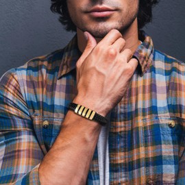 Edulex Mens Cuff Black Stainless Steel Bracelet - Black Leather Bracelets for Men - Row Punk Gothic Jewelry