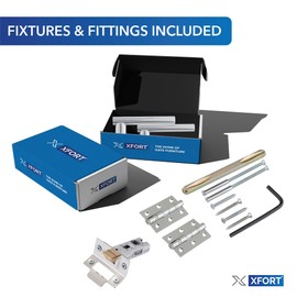 XFORT Polished Chome Liberty Lever On Rose Latch Pack, Complete Set with T-Bar Door Handles, 65mm Tubular Latch and 75mm Ball Bearing Hinges, Door Handle Set for Home and Office.