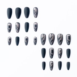 24 PCS Black Press on Nails Medium Almond Fake Nails Matte False Nails Press with Rose Flower Leaf Designs French Tip Acrylic Full Cover Glue on Nails Artificial Stick on Nails for Women Manicure