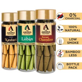 The Aroma Factory Incense Dhoop Cone for Pooja, Loban, Kasturi & Kesar Chandan (100% Herbal & 0% Charcoal) 3 Bottles x 90g