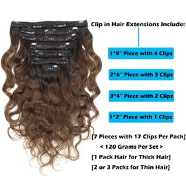Caliee Natural Wave Curly Clip in Hair Extensions 20 inch NW#1B/4 Ombre Natural Black Fading into Dark Brown Remy Human Hair 8A Grade Thick End Clip ins for Black Women with 17Clips 120G