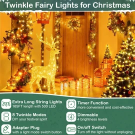 165Ft Ultra Long 500 LEDs String Lights Plug in, with Switch/Timer, Waterproof Dimmable Copper String Lights for Home/Holiday Decor, 8 Modes Fairy Lights with Remote, Warm White UL Listed