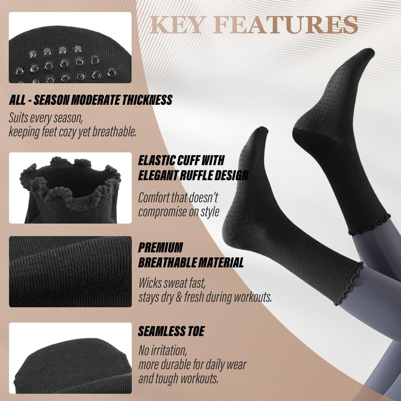 Fiohiros Pilates Yoga Socks with Grips for Women,Elegant Ruffle Frilly