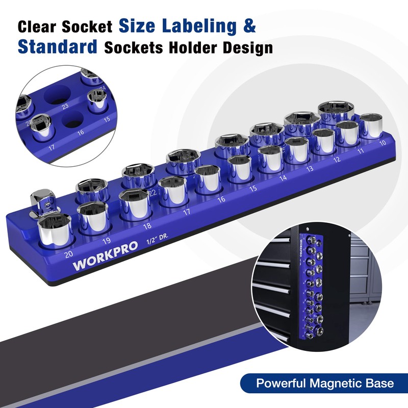WORKPRO Magnetic Socket Organizer, 1/2-Inch Metric Socket Holder, Socket Trays