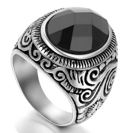 Flongo Stainless Steel Glass Ring Black Silver Flower Engraved Biker Retro Men's 54-76 mm, Glass, No information