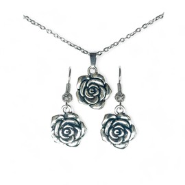 Silberne Blume Frauen Ohrringe und Halskette - Edelstahl-Kette und Platin plattiert Ohrringe - Elegant und Leicht - Perfekt zum Verschenken