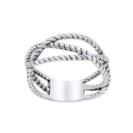 Silverly Sterling Silver Wide Interwoven Twisted Rope Ring - 925 Silver Nautical Rings for Women - Unique Modern Intertwined Band - Textured Crossover Sailor Knot Design - On-Trend Ladies Jewellery