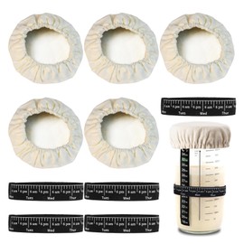 5 piezas de tela para principiantes de masa madre con 5 piezas de cuerda elástica, cubiertas de tarros de masa madre transpirables y reutilizables para boca de tarro de 3 a 4 pulgadas (blanco)