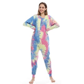 Lifeye Womens Onesie Pajamas Romper Sleepwear Set Tie Dye Long Sleeve Jumpsuit Homewear Union Suit with Drop Seat Butt Flap Yellow Blue XL