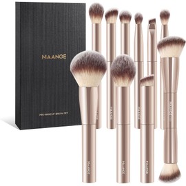MAANGE 10 Piezas Set de Brochas para Maquillaje con Estuche de Regalo, Brochas de Maquillaje Profesionales de Mango Corto de Aluminio para Base, Polvo, Corrector y Sombras de Ojos, Kit de Maquillaje Portátil (Dorado)