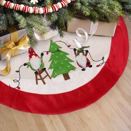 Burlap Christmas Tree Skirt, 32 Inch Soft Red Edge Tree Mat with Gnomes & String Lights Xmas Tree Skirt Christmas Holiday Decorations for Home Party Indoor