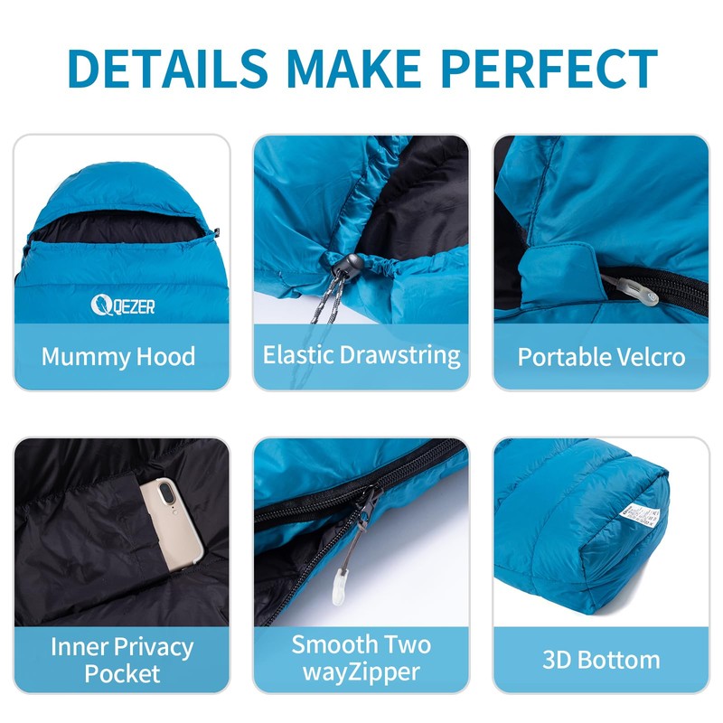 QEZER Down Sleeping Bag, Only 820 g, Lightweight Sleeping Bag,