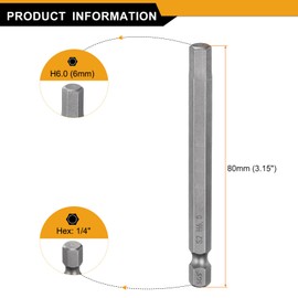sourcing map H6.0 Hex Head Drill Bit Wrench 6mm Metric Flat Tip 1/4" Hex Shank 80mm (3.15") Long Magnetic Hexagonal Screw Driver Socket Industrial Screwdriver Power Bits