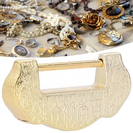 Padlock Decorative Lock Brass Ming Qing Dynasty Antique Chinese Carved Lock Set for Cabinet Jewelry Box (Brass Color)