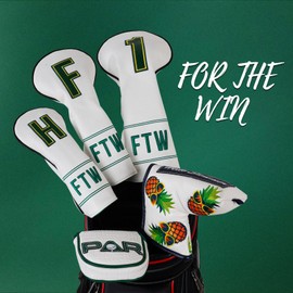 LZFAN Golf Club Head Covers Driver Fairway Wood Hybrid Mallet Blade Putter Golf Club Headcover Protector White Leather Pineapple Embroidered ‌for The Win