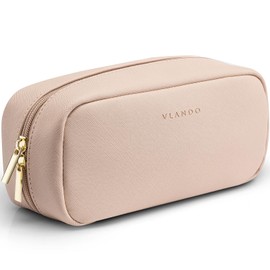 Vlando Travel Makeup Bag,Purse Leather Cosmetic Bags for Women, Waterproof Portable Zipper Makeup Pouch Bag with Divider,Milk Tea