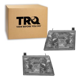 TRQ 2 Piece Headlight Assembly Set Chrome Bezel Driver & Passenger Side Compatible with Ford E150 E250 2003-2007 E350 Super Duty 1999-2007 E450 Super Duty 2003-2007 E150 E250 Club Wagon 2003-2005